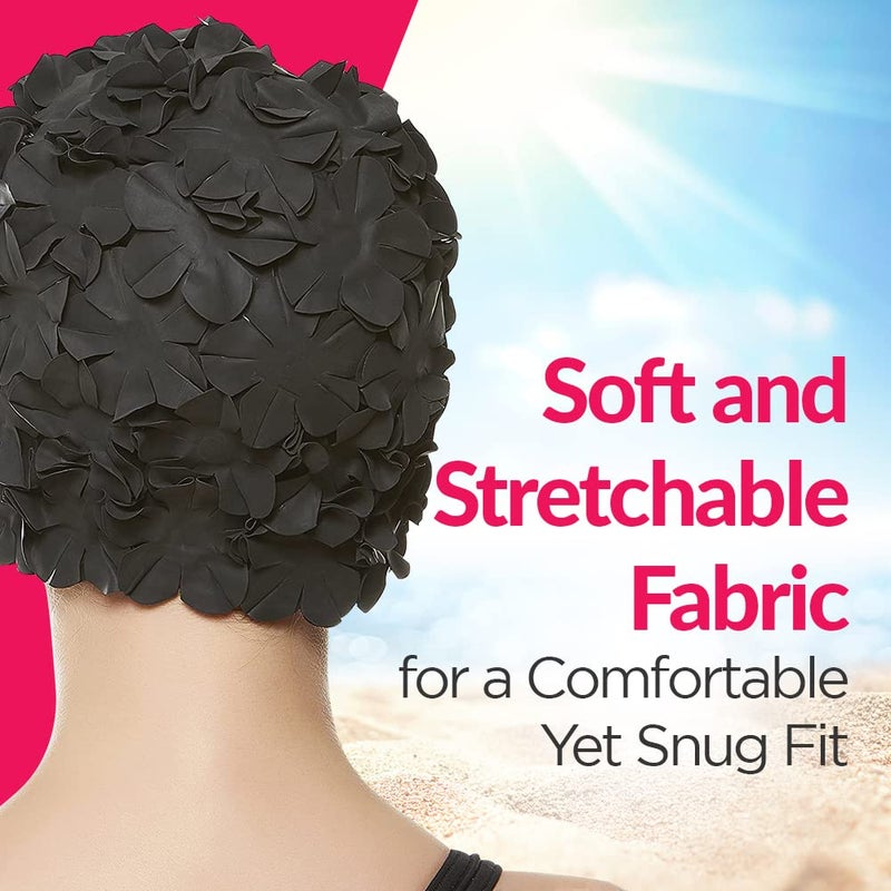 Beemo Latex Swim Cap - Women Stylish Swimming Cap Great for Ladies, Perfect to Keep Hair Dry - Suitable for Long Hair - Flowal Petal Vintage Style - Black - Image 3